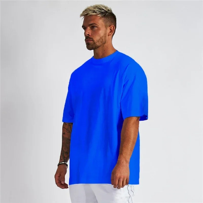 Solid Color Gym Running Sport Clothing Fitness Oversized Loose Cotton Shirt Men Hip Hop Short Sleeve Bodybuilding Muscle T-shirt