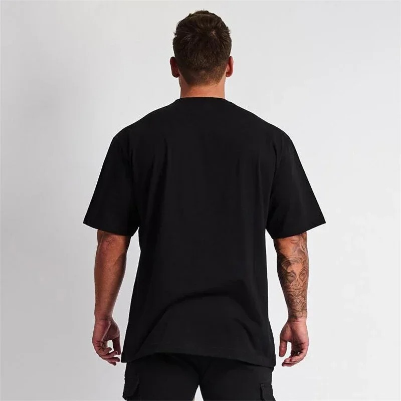 Solid Color Gym Running Sport Clothing Fitness Oversized Loose Cotton Shirt Men Hip Hop Short Sleeve Bodybuilding Muscle T-shirt
