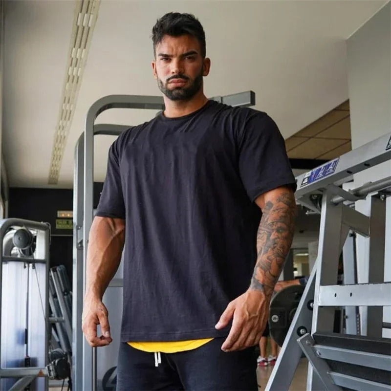 Solid Color Gym Running Sport Clothing Fitness Oversized Loose Cotton Shirt Men Hip Hop Short Sleeve Bodybuilding Muscle T-shirt