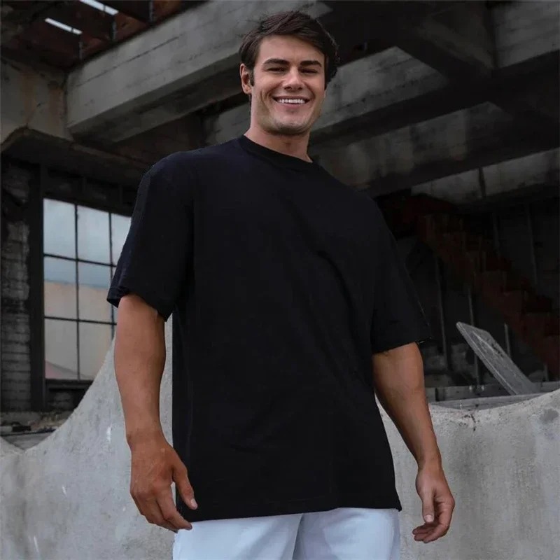Solid Color Gym Running Sport Clothing Fitness Oversized Loose Cotton Shirt Men Hip Hop Short Sleeve Bodybuilding Muscle T-shirt