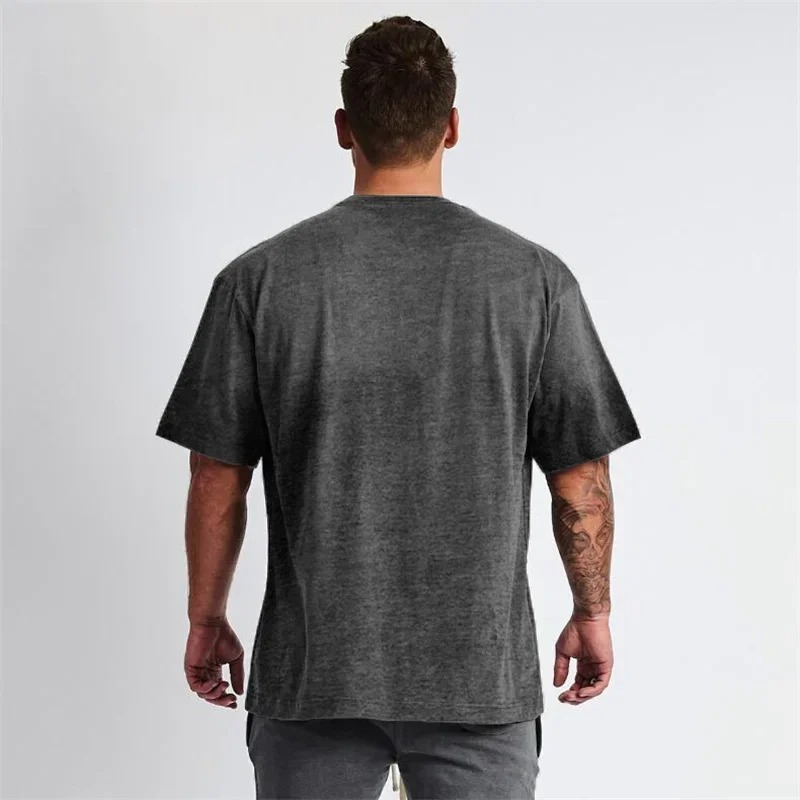 Solid Color Gym Running Sport Clothing Fitness Oversized Loose Cotton Shirt Men Hip Hop Short Sleeve Bodybuilding Muscle T-shirt