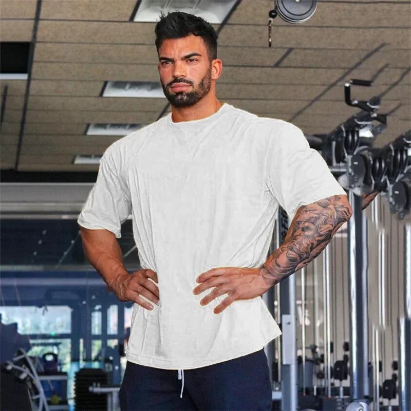 Solid Color Gym Running Sport Clothing Fitness Oversized Loose Cotton Shirt Men Hip Hop Short Sleeve Bodybuilding Muscle T-shirt