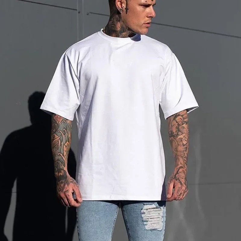 Solid Color Gym Running Sport Clothing Fitness Oversized Loose Cotton Shirt Men Hip Hop Short Sleeve Bodybuilding Muscle T-shirt