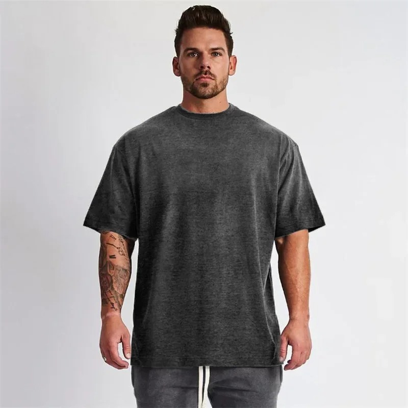 Solid Color Gym Running Sport Clothing Fitness Oversized Loose Cotton Shirt Men Hip Hop Short Sleeve Bodybuilding Muscle T-shirt